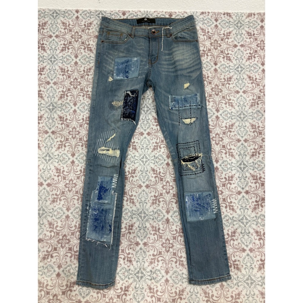 Focus Jeans Mens 32L Distressed Patchwork Slim Fit Light Wash Denim Blue Jeans